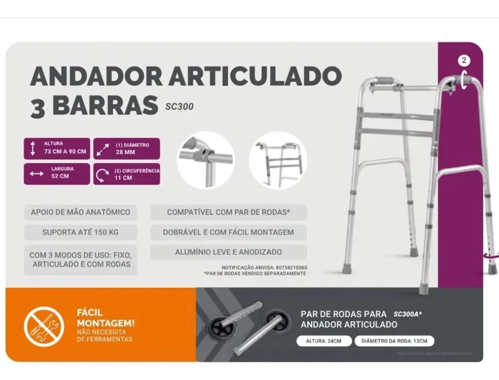 Andador Adulto Alumínio Dobrável Articulado 135kg
