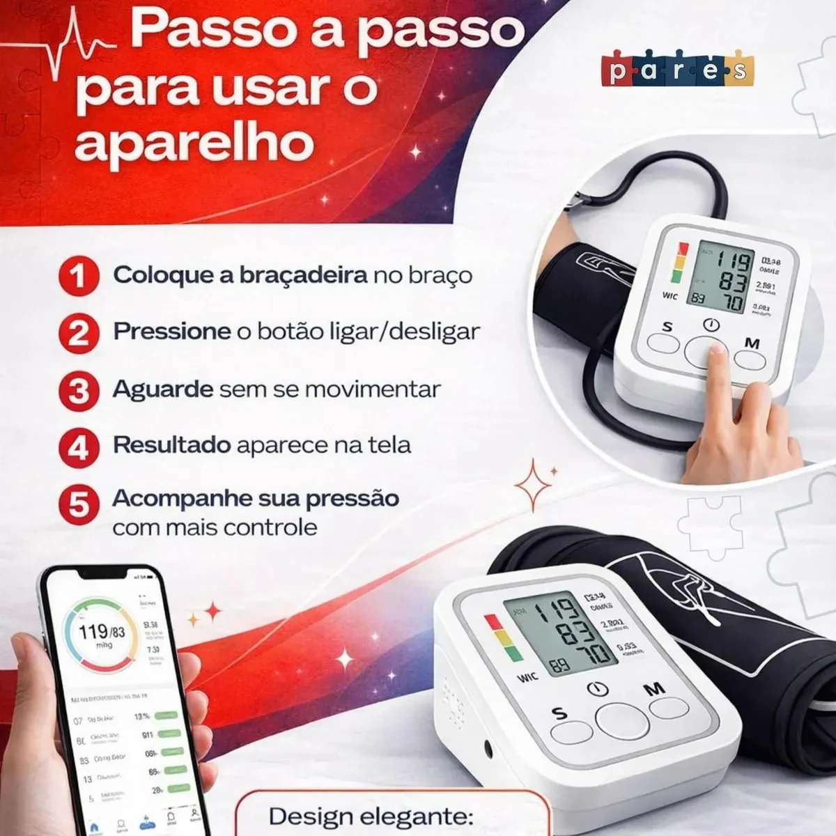 Aparelho Medidor De Pressão Arterial Digital Pares Automático De Braço Monitor Inteligente Com Tela Lcd Grande, Detecção De Arritmia, Memória Para Leituras E Operação Simples Marca Pares Branco