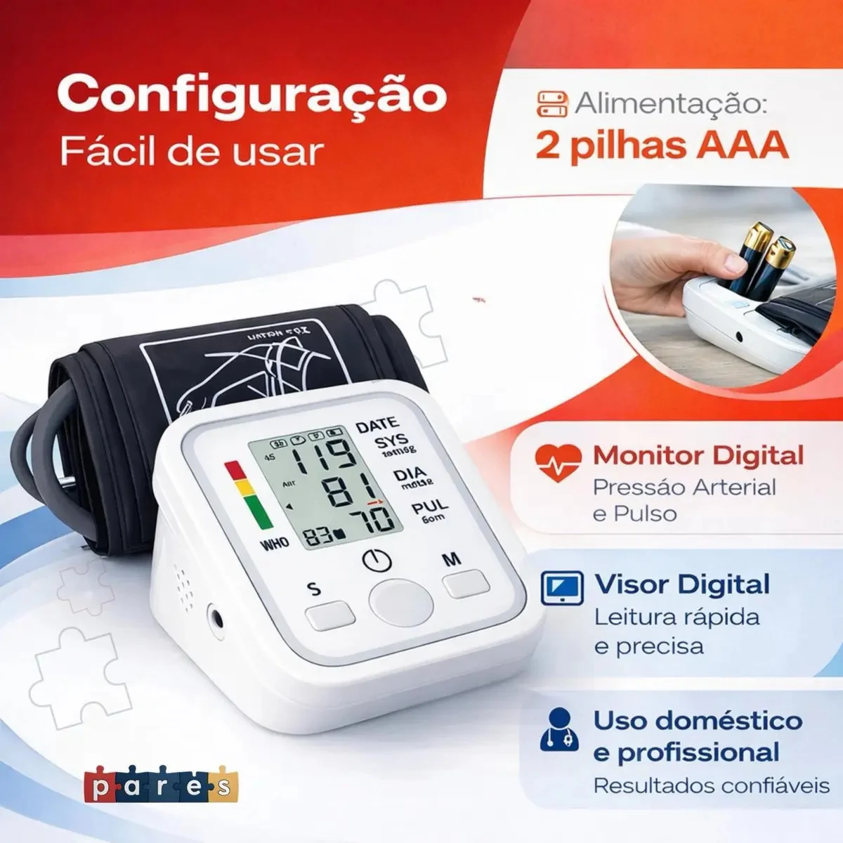 Aparelho Medidor De Pressão Arterial Digital Pares Automático De Braço Monitor Inteligente Com Tela Lcd Grande, Detecção De Arritmia, Memória Para Leituras E Operação Simples Marca Pares Branco