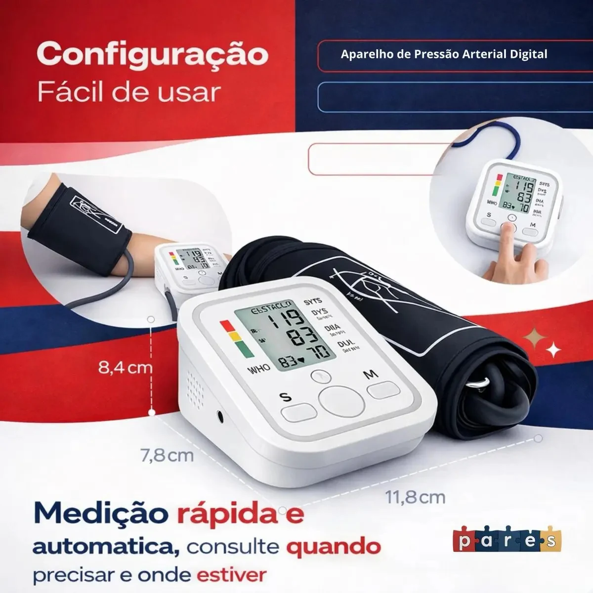 Aparelho Medidor De Pressão Arterial Digital Pares Automático De Braço Monitor Inteligente Com Tela Lcd Grande, Detecção De Arritmia, Memória Para Leituras E Operação Simples Marca Pares Branco
