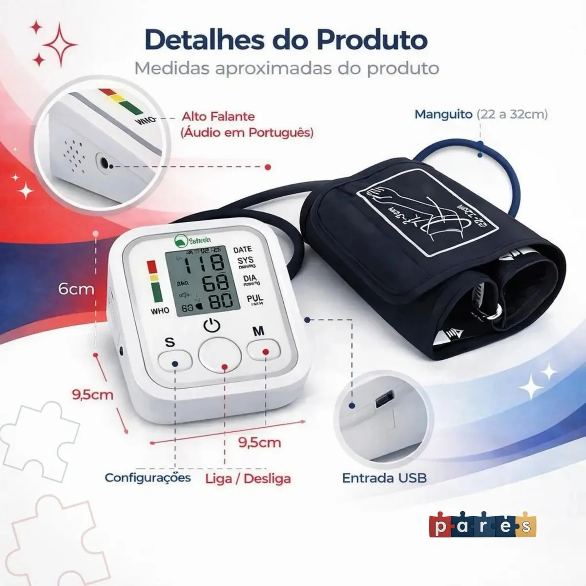 Aparelho Medidor De Pressão Arterial Digital Pares Automático De Braço Monitor Inteligente Com Tela Lcd Grande, Detecção De Arritmia, Memória Para Leituras E Operação Simples Marca Pares Branco