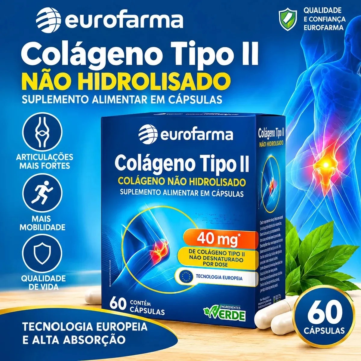 Colágeno Tipo 2 Eurofarma 40 mg com 60 Cápsulas