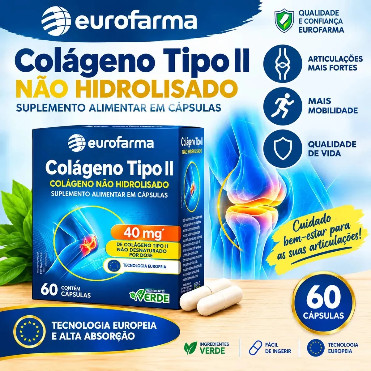 Colágeno Tipo 2 Eurofarma 40 mg com 60 Cápsulas