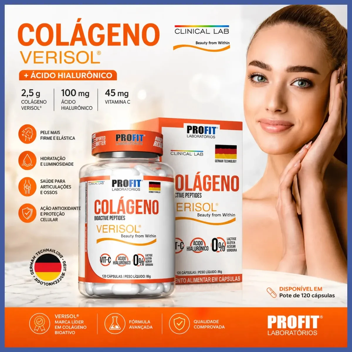 Colágeno Verisol ProFit com Ácido Hialurônico e 120 Cápsulas