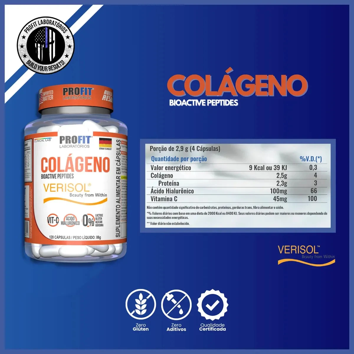 Colágeno Verisol ProFit com Ácido Hialurônico e 120 Cápsulas