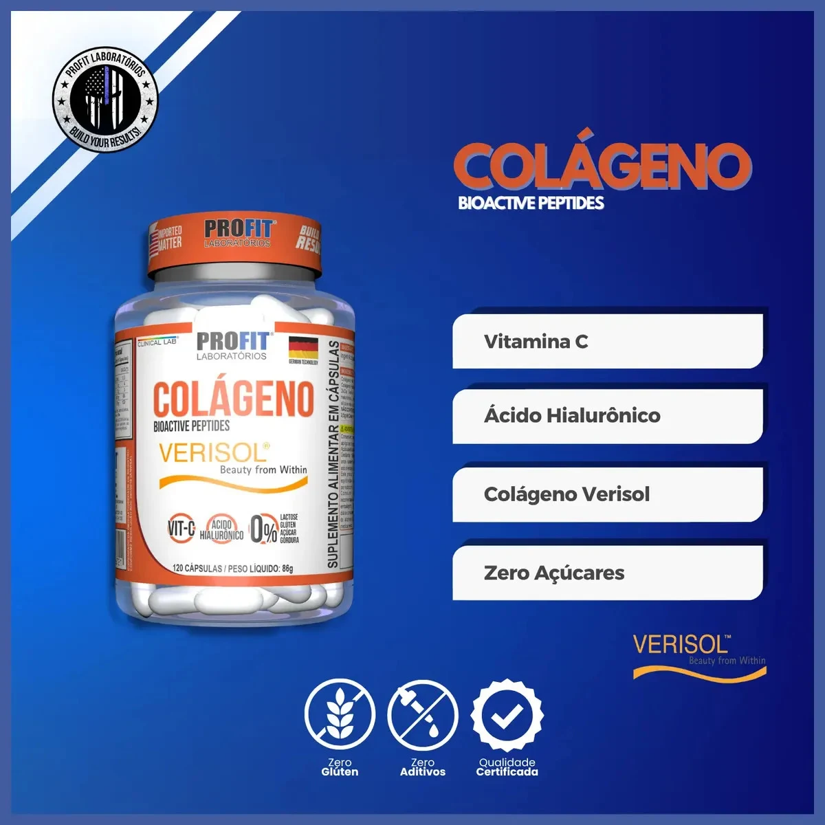 Colágeno Verisol ProFit com Ácido Hialurônico e 120 Cápsulas