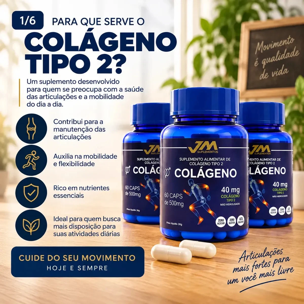 Kit Colágeno Tipo 2 JM Suplementos 40 mg com 3 Potes e 180 Cápsulas