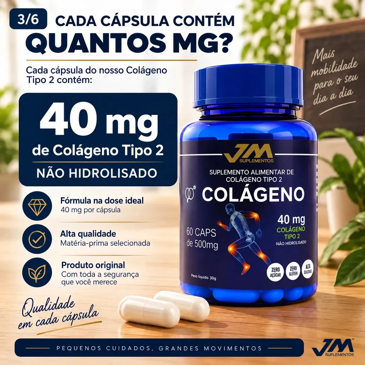 Kit Colágeno Tipo 2 JM Suplementos 40 mg com 3 Potes e 180 Cápsulas