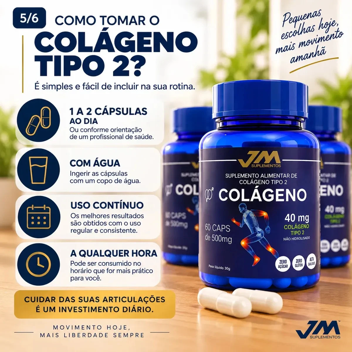 Kit Colágeno Tipo 2 JM Suplementos 40 mg com 3 Potes e 180 Cápsulas