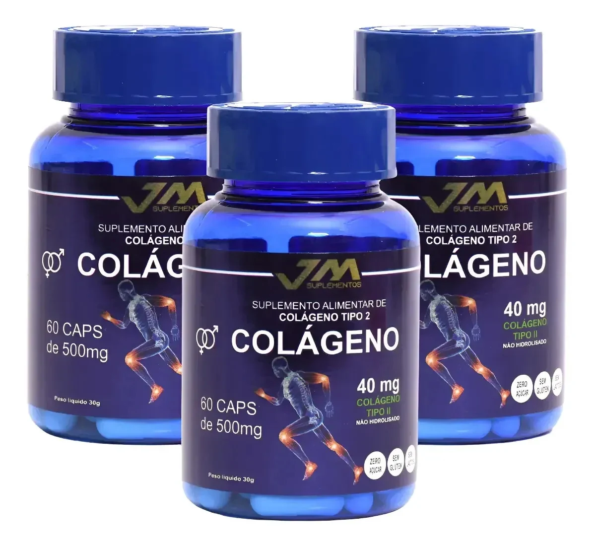 Kit Colágeno Tipo 2 JM Suplementos 40 mg com 3 Potes e 180 Cápsulas