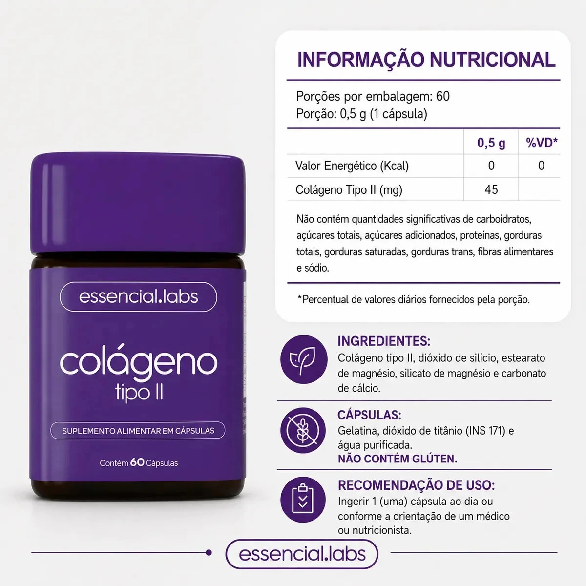 Colágeno Tipo 2 Essencial Labs 45 mg com 60 Cápsulas