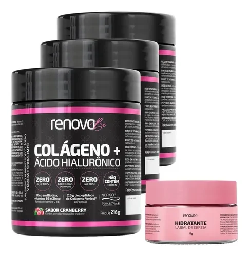 Kit 3 Colágenos Renova Be Cranberry 216 g com Hidratante Labial