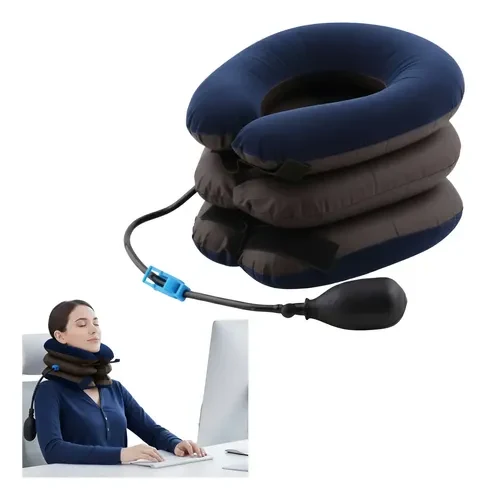 Colar De Tração Cervical Corrige Postura Inflável P/ Pescoço Azul