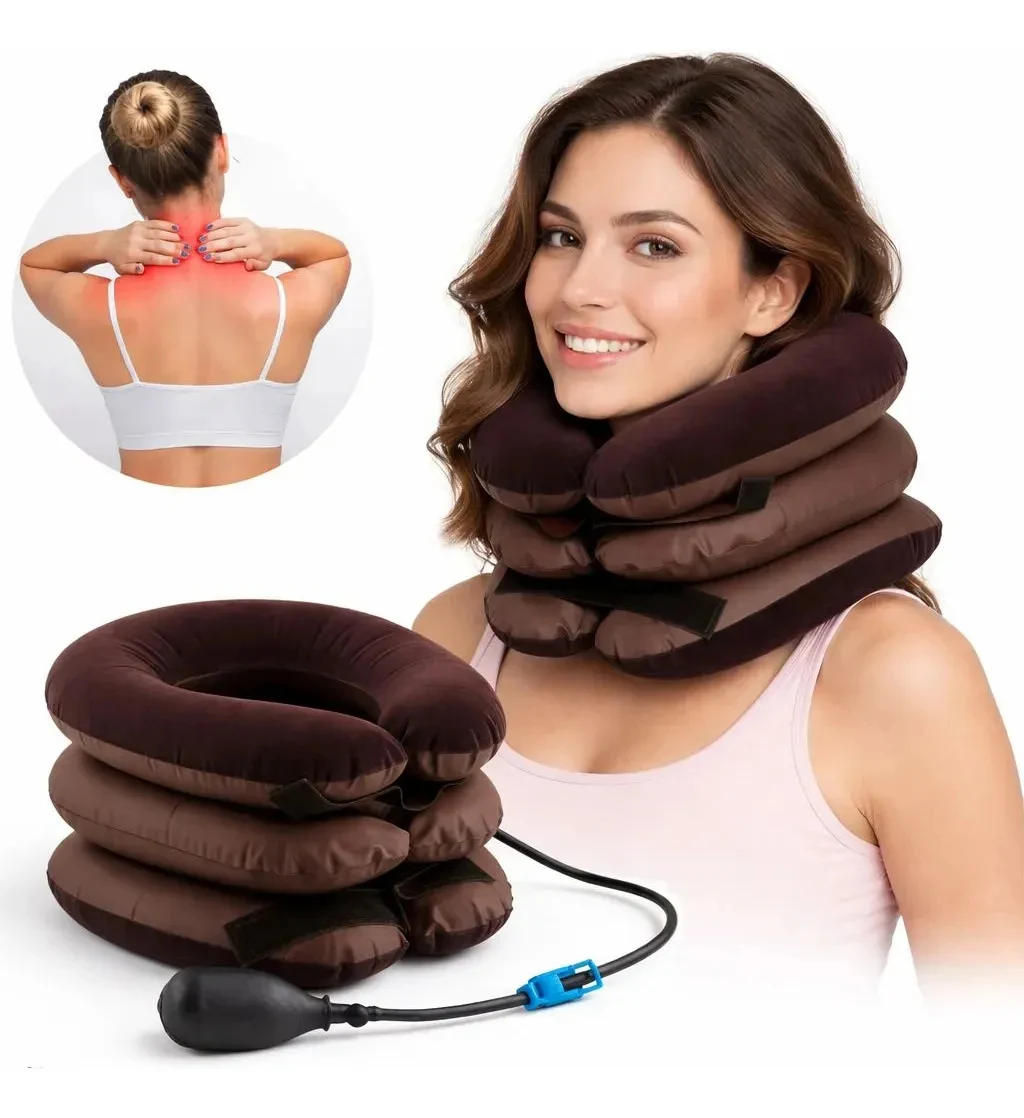 Colar de Tração Cervical Corrige Postura Inflável P/Pescoço Marrom Gg