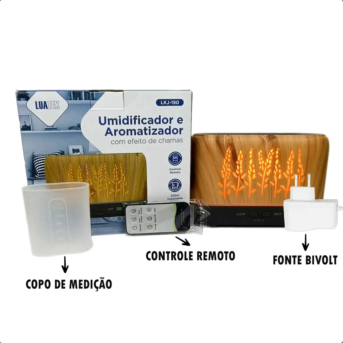 Difusor Aromático Purificador Umidificador Névoa Chamas Led Madeira