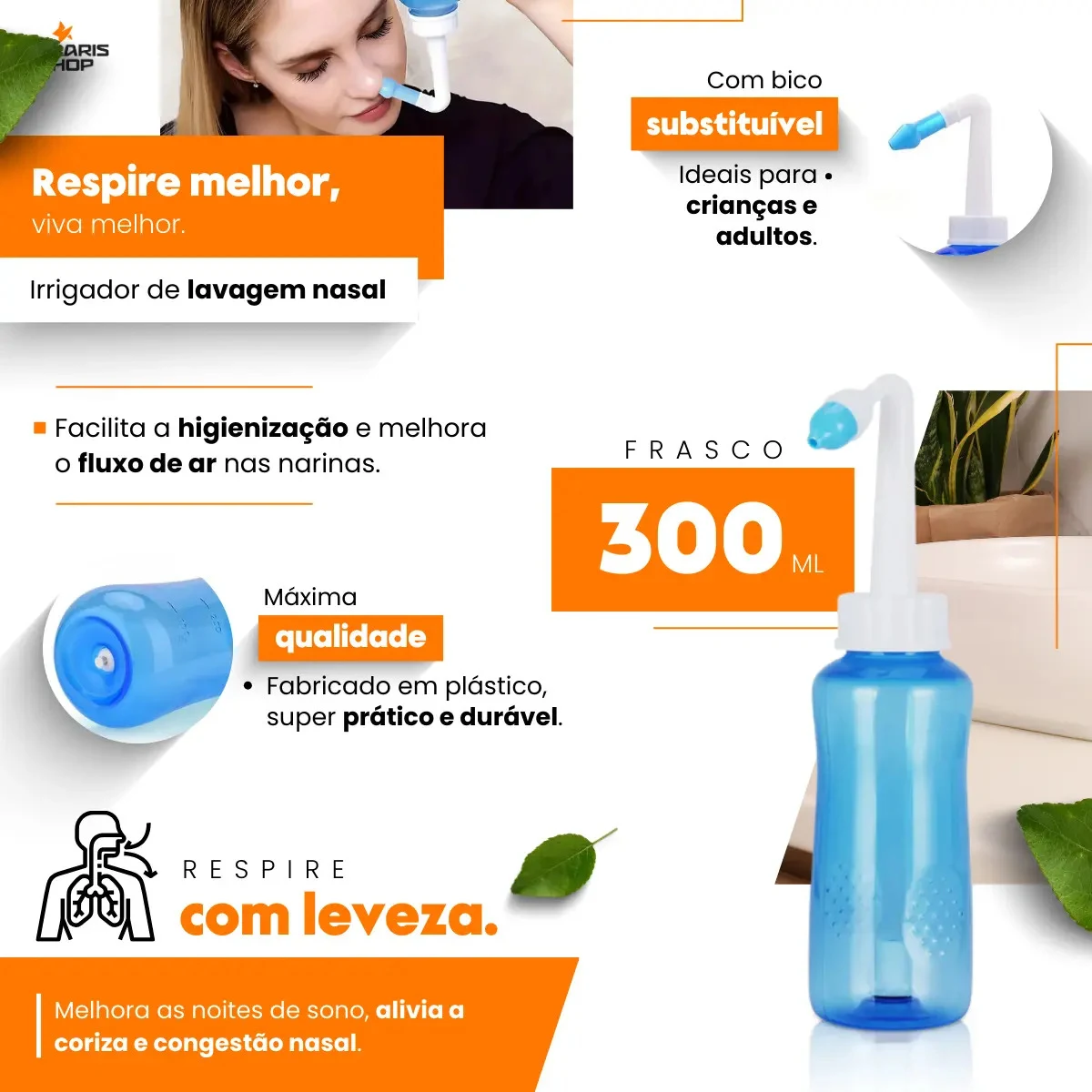 Frasco Higienizador Nasal Polaris Shop 300 mL com 2 Bicos