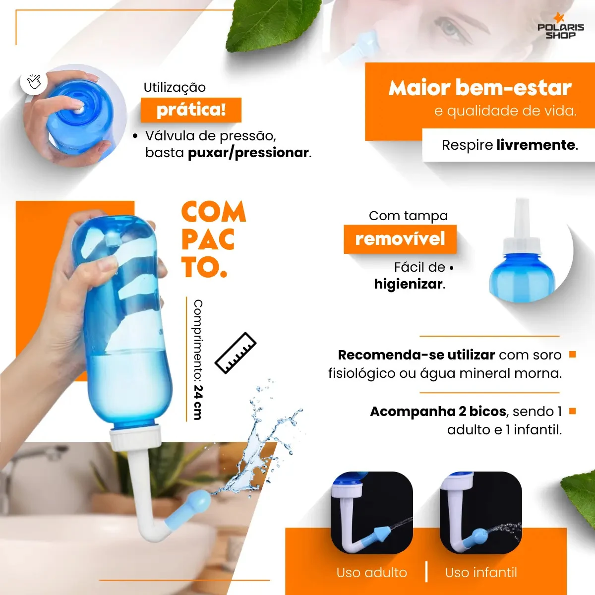 Frasco Higienizador Nasal Polaris Shop 300 mL com 2 Bicos
