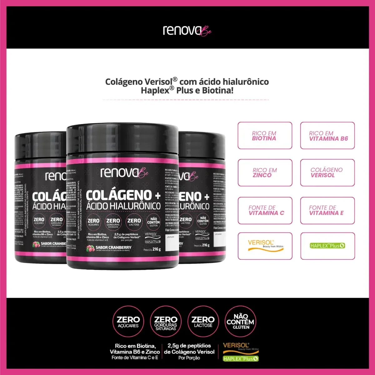Kit 2 Colágenos Renova Be Cranberry 216 g com 2 Cremes Resveratrol Dia