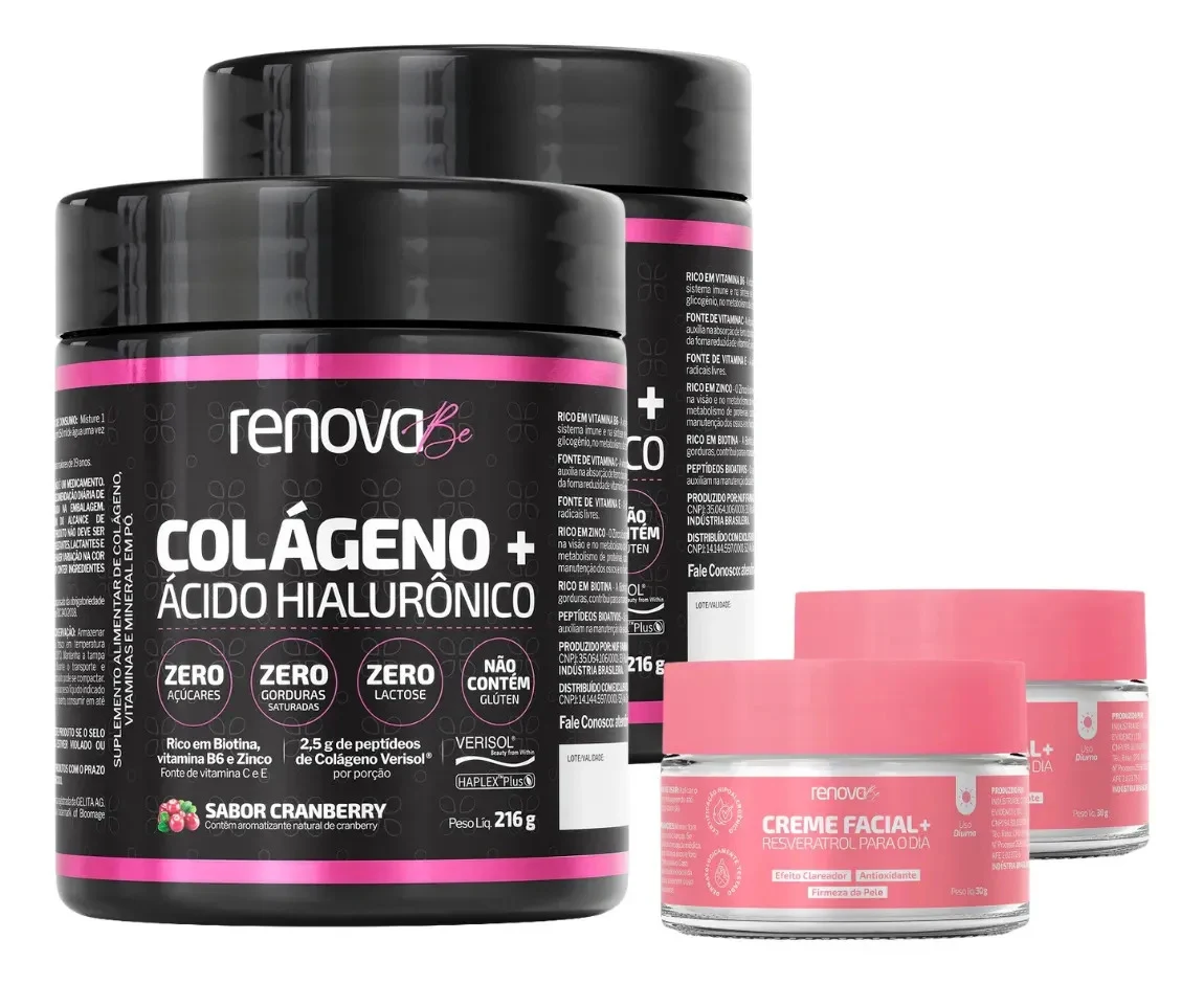 Kit 2 Colágenos Renova Be Cranberry 216 g com 2 Cremes Resveratrol Dia
