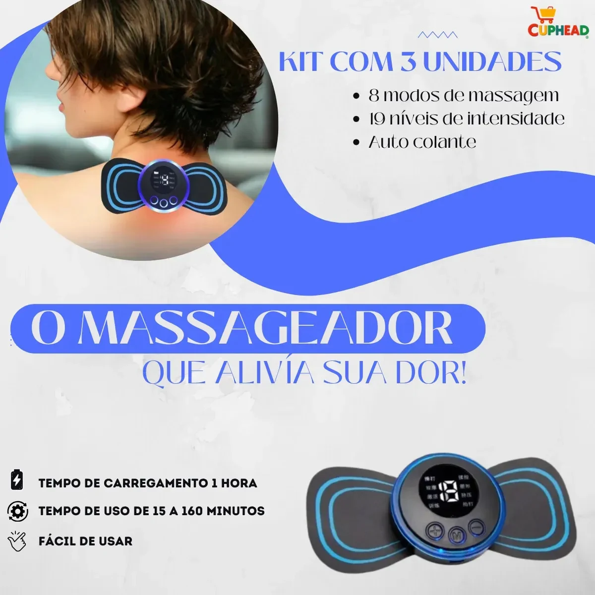 Kit 3 Massageadores Portáteis Recarregáveis Cuphead CH-8554 Bivolt