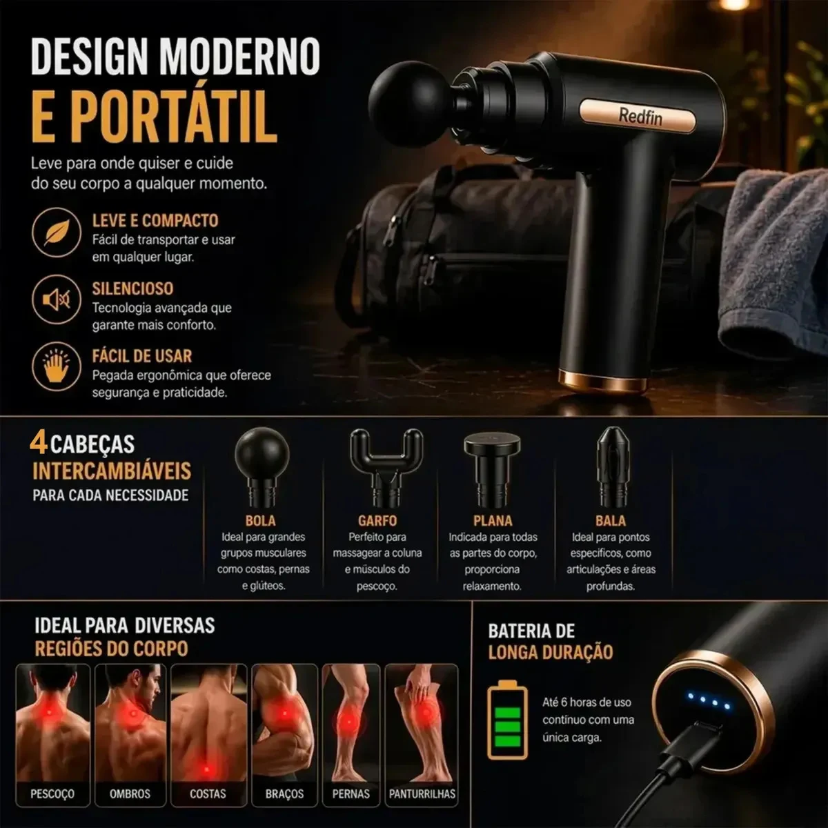 Pistola Massageadora Muscular Redfin Recarregável 6 Velocidades