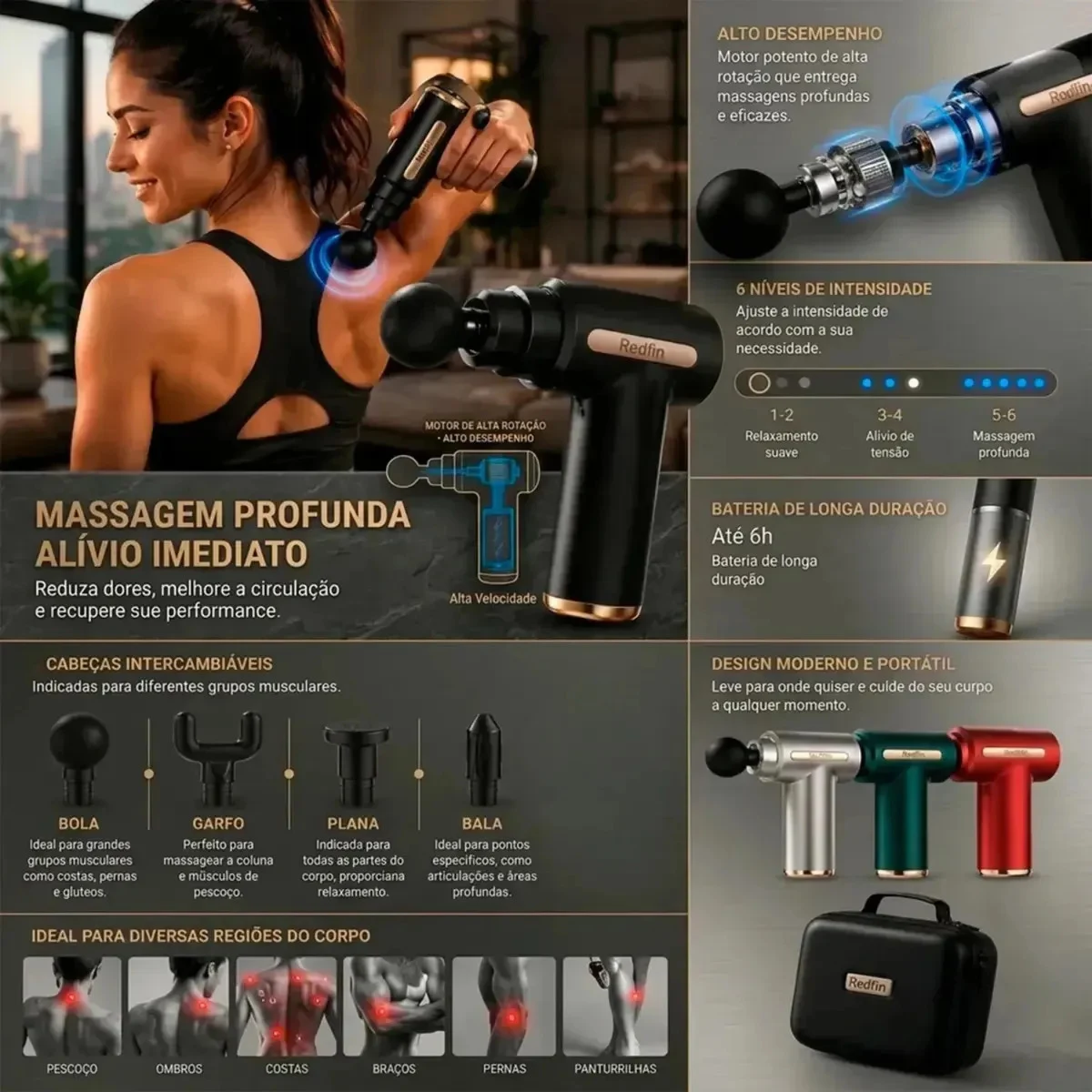 Pistola Massageadora Muscular Redfin Recarregável 6 Velocidades
