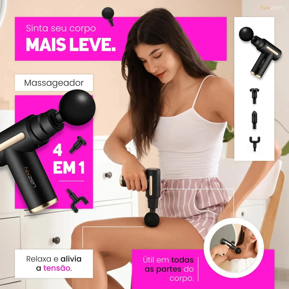 Pistola Massageadora Nixzen Miofascial 6 Velocidades e 4 Ponteiras