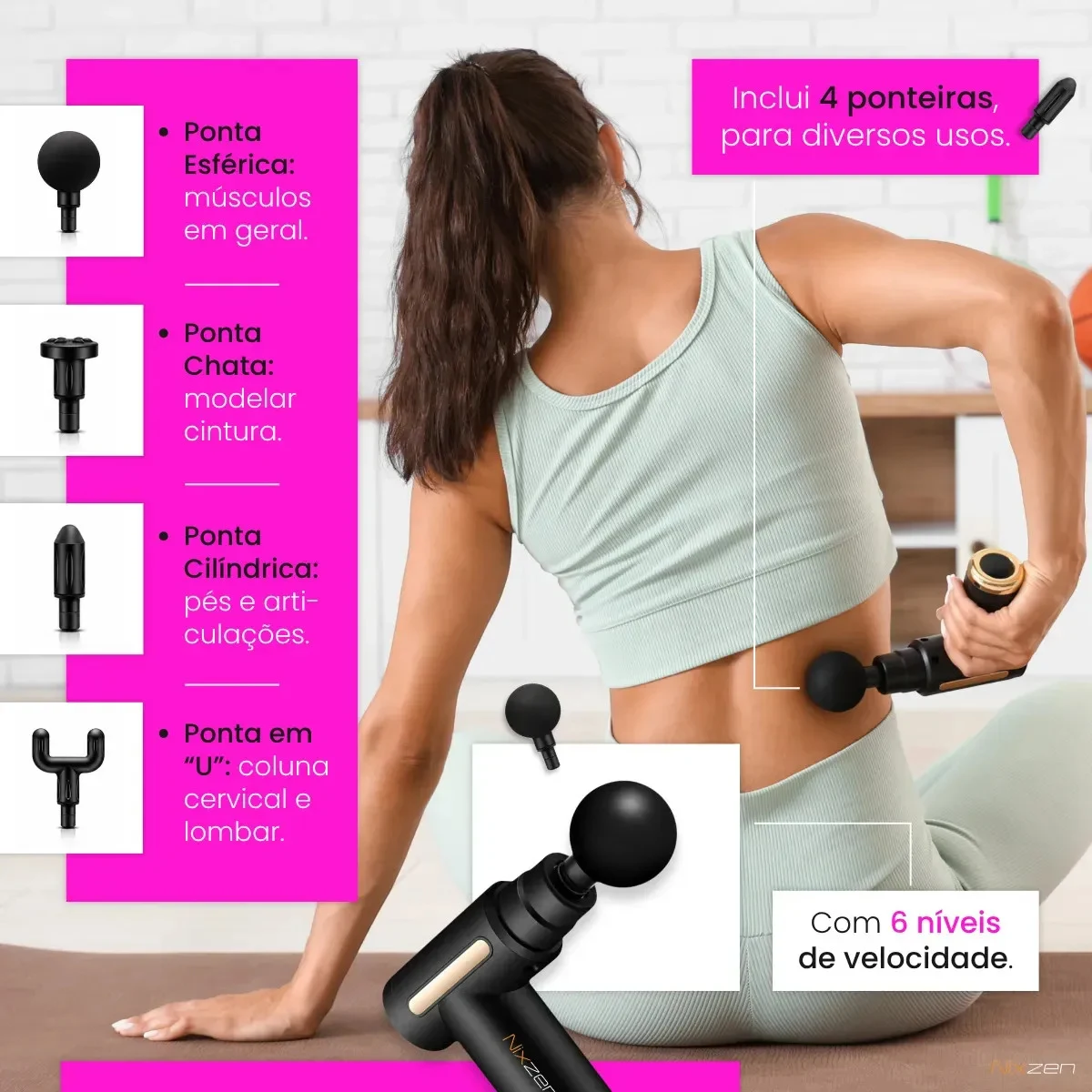 Pistola Massageadora Nixzen Miofascial 6 Velocidades e 4 Ponteiras