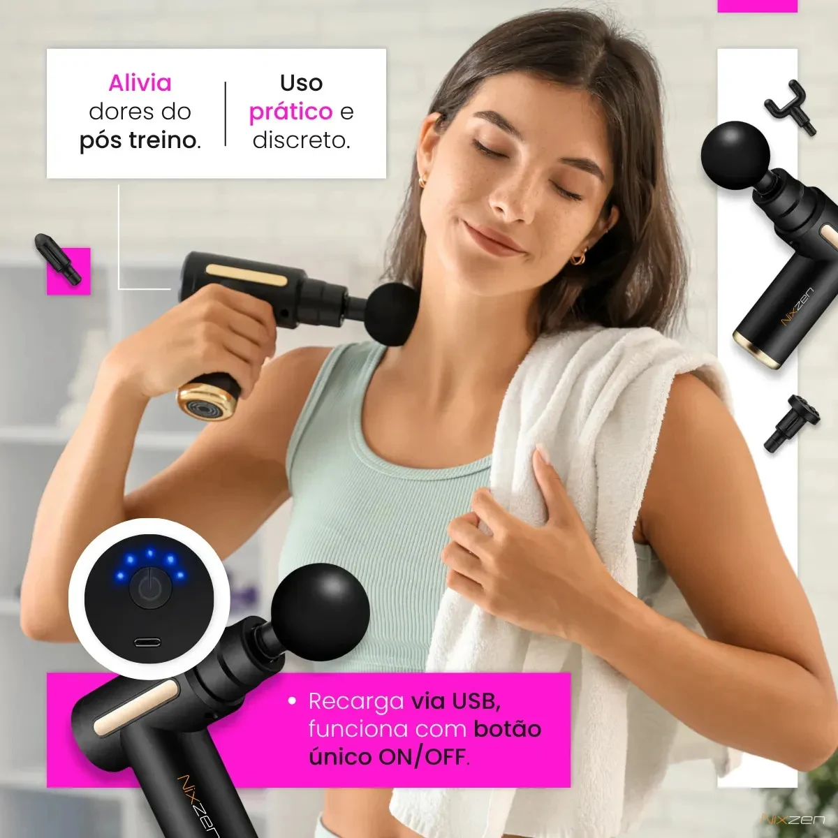 Pistola Massageadora Nixzen Miofascial 6 Velocidades e 4 Ponteiras