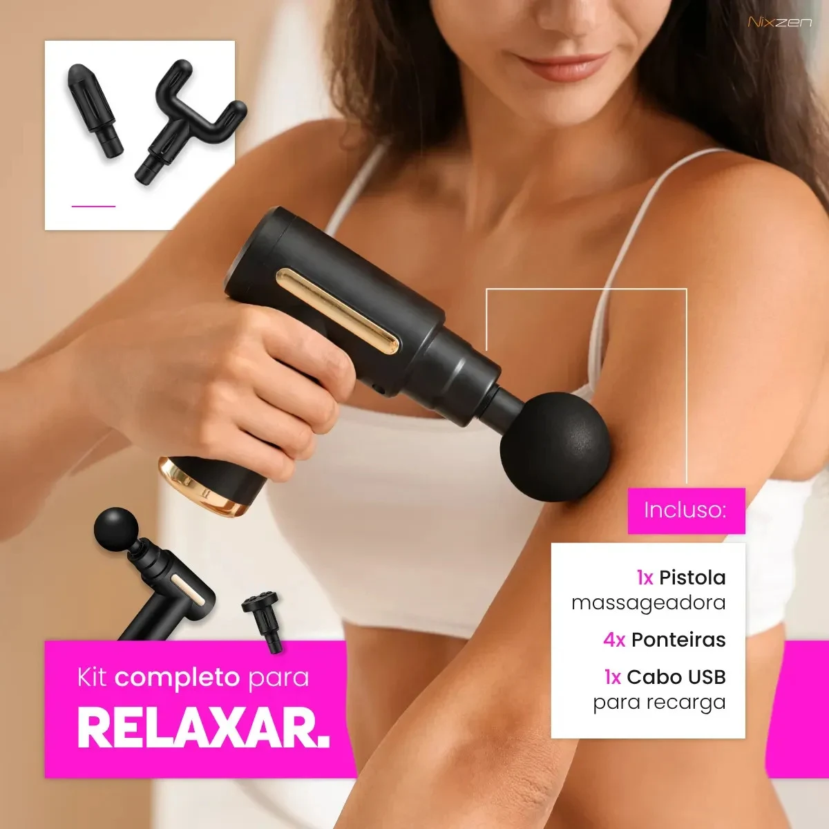 Pistola Massageadora Nixzen Miofascial 6 Velocidades e 4 Ponteiras