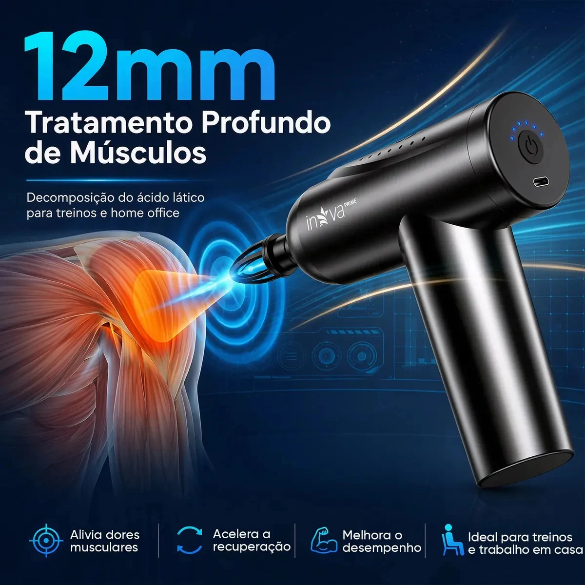 Pistola Massageadora Muscular Inova KV-780 Bivolt com 4 Cabeças