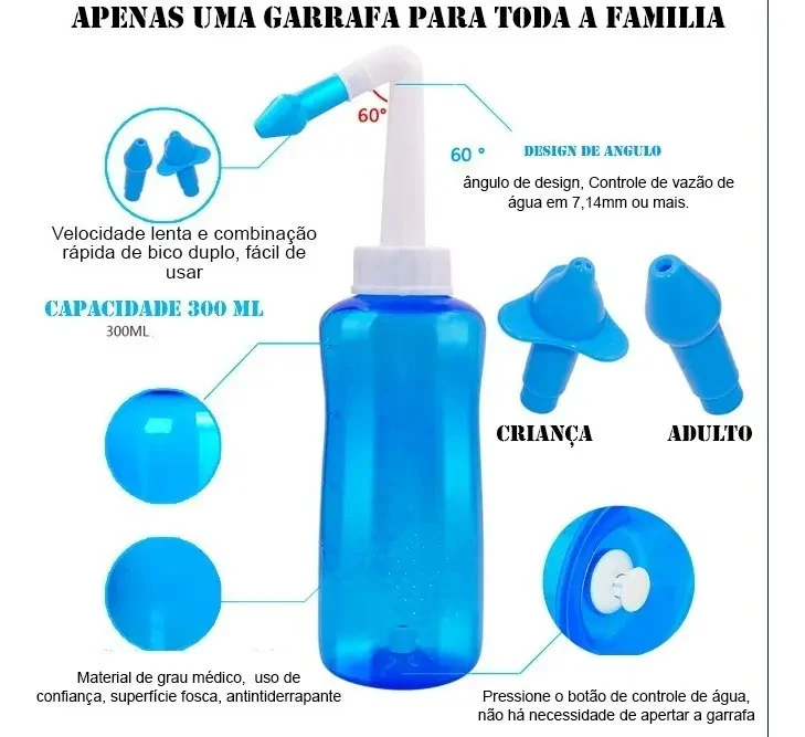 Ducha Nasal 300 mL Azul com 2 Bicos Removíveis