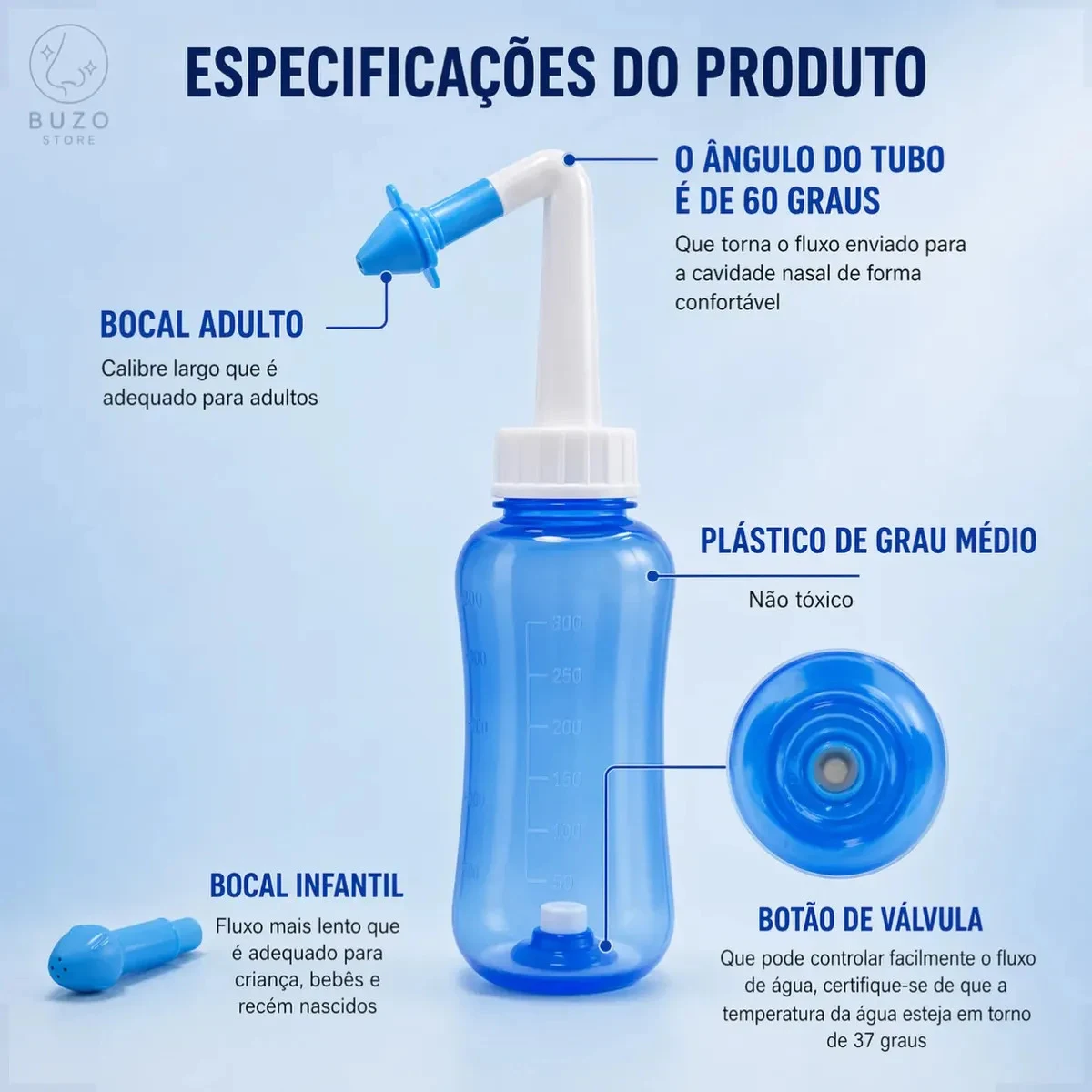 Higienizador Nasal 300 mL Azul com 2 Bicos Buzo Store